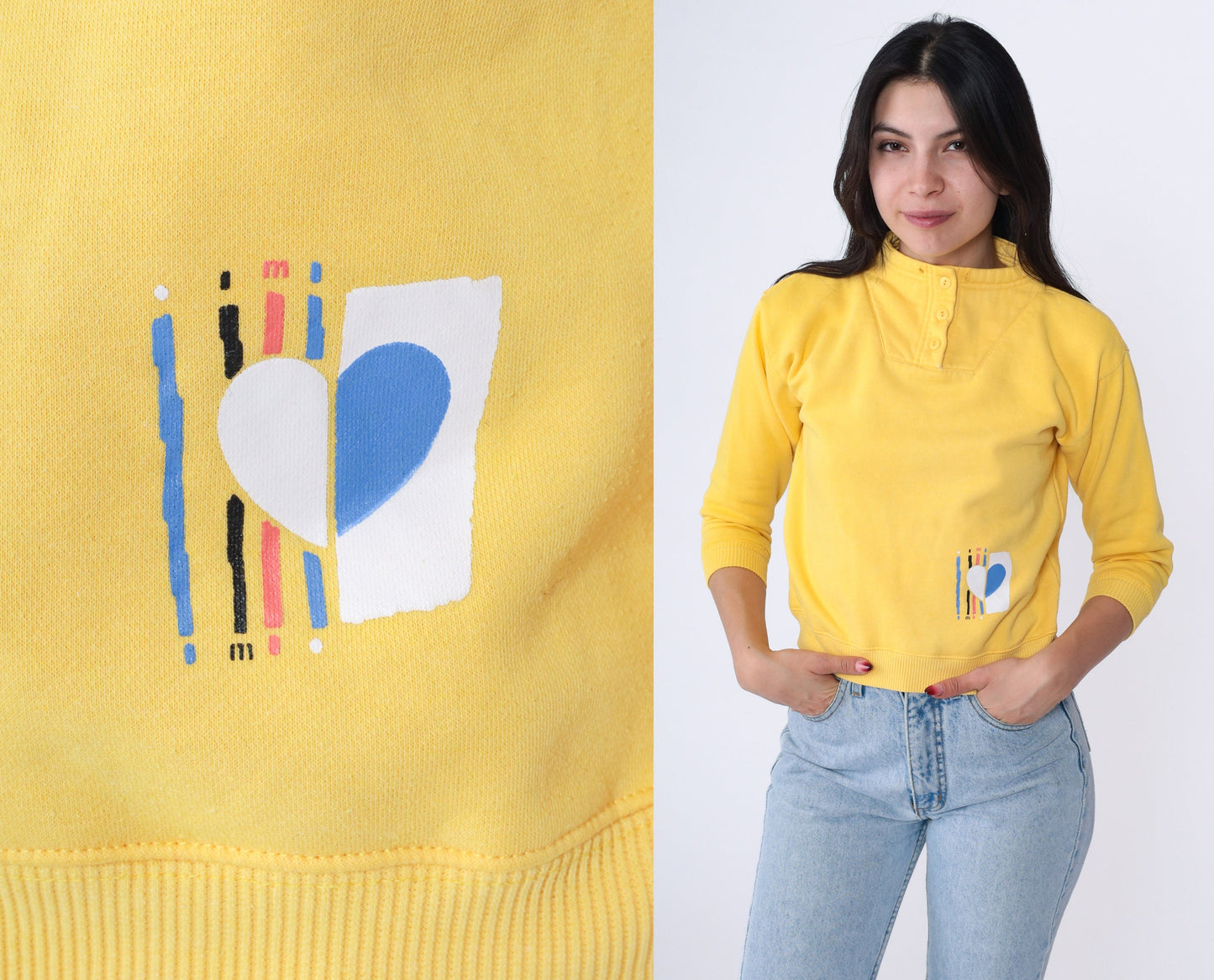 90s Yellow Heart Print Funnel Neck Sweatshirt Cropped Extra Small