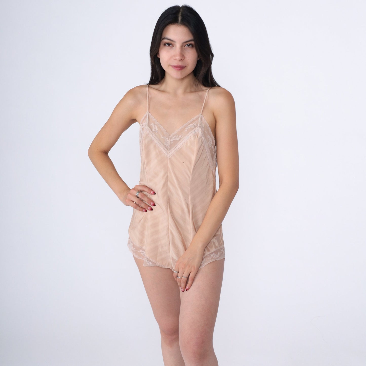 80s Yves Saint Laurent Beige Lace Teddy Bodysuit Spaghetti Strap Small