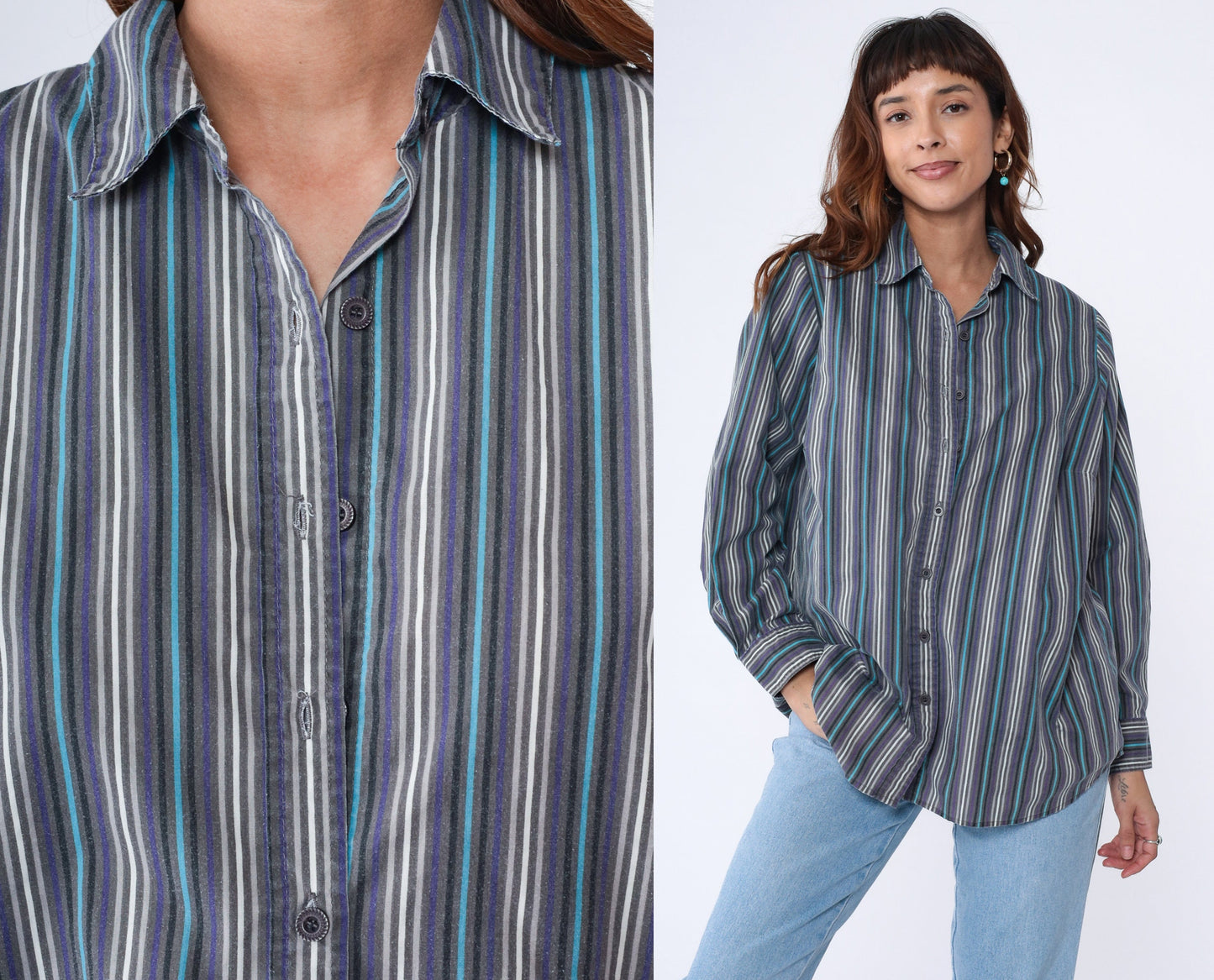 00s Striped Oxford Button-Up Blouse Purple Blue White Long Sleeve Medium