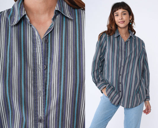 00s Striped Oxford Button-Up Blouse Purple Blue White Long Sleeve Medium