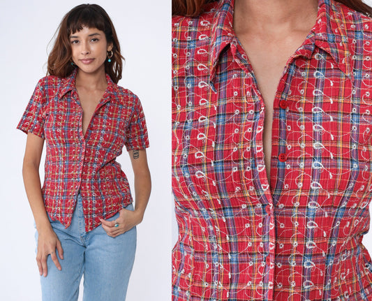 90s I Am Plaid Blouse Red Embroidered Button Up Shirt Short Sleeve Small