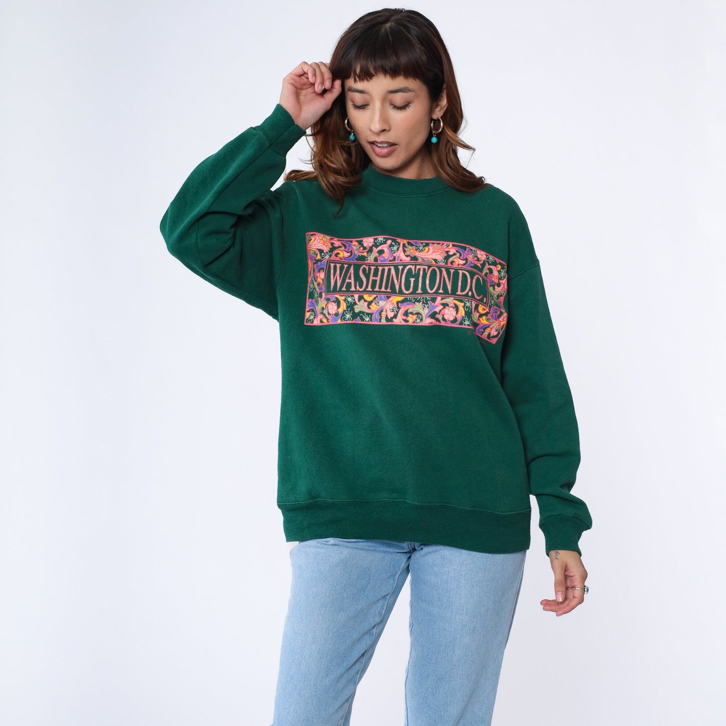 90s Washington DC Sparkly Sweatshirt Dark Green Glitter Spellout Crewneck Large