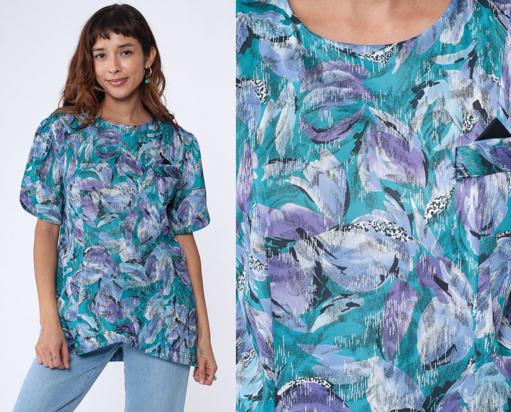 80s Abstract Floral Shirt Turquoise Purple Pocket Blouse Princess Seam Large L