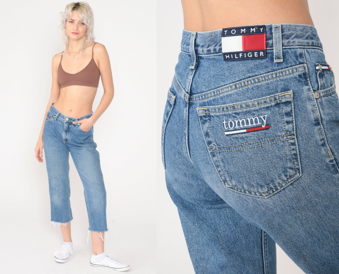 90s Tommy Hilfiger Cropped Cutoff Straight Leg Jeans Blue Denim Small
