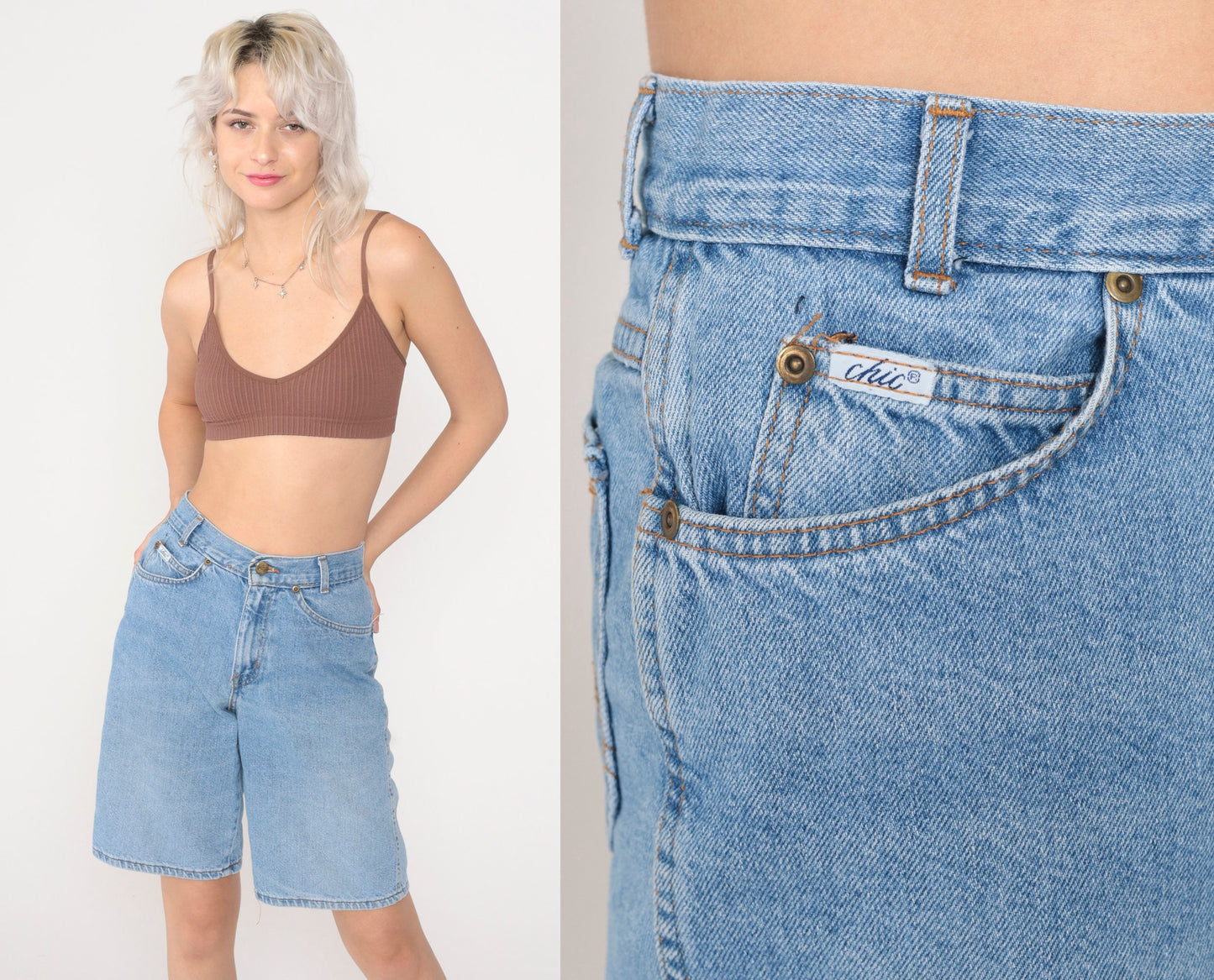 90s Blue Denim Bermuda Shorts High Rise Stone Wash Extra Small XS