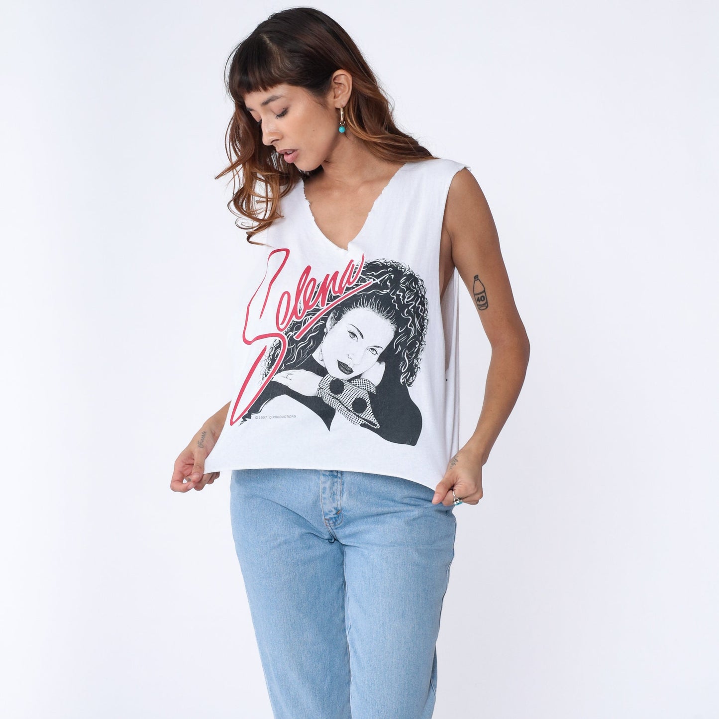 90s Selena Quintanilla Tank Top White Cutoff Crop V-Neck Small Medium