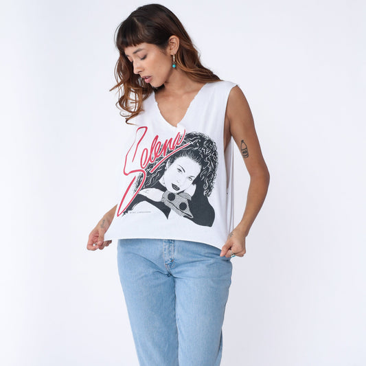 90s Selena Quintanilla Tank Top White Cutoff Crop V-Neck Small Medium