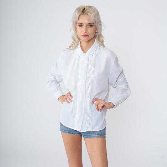 90s White Floral Embroidered Pleated Blouse Long Sleeve Collared Button-Up Large L