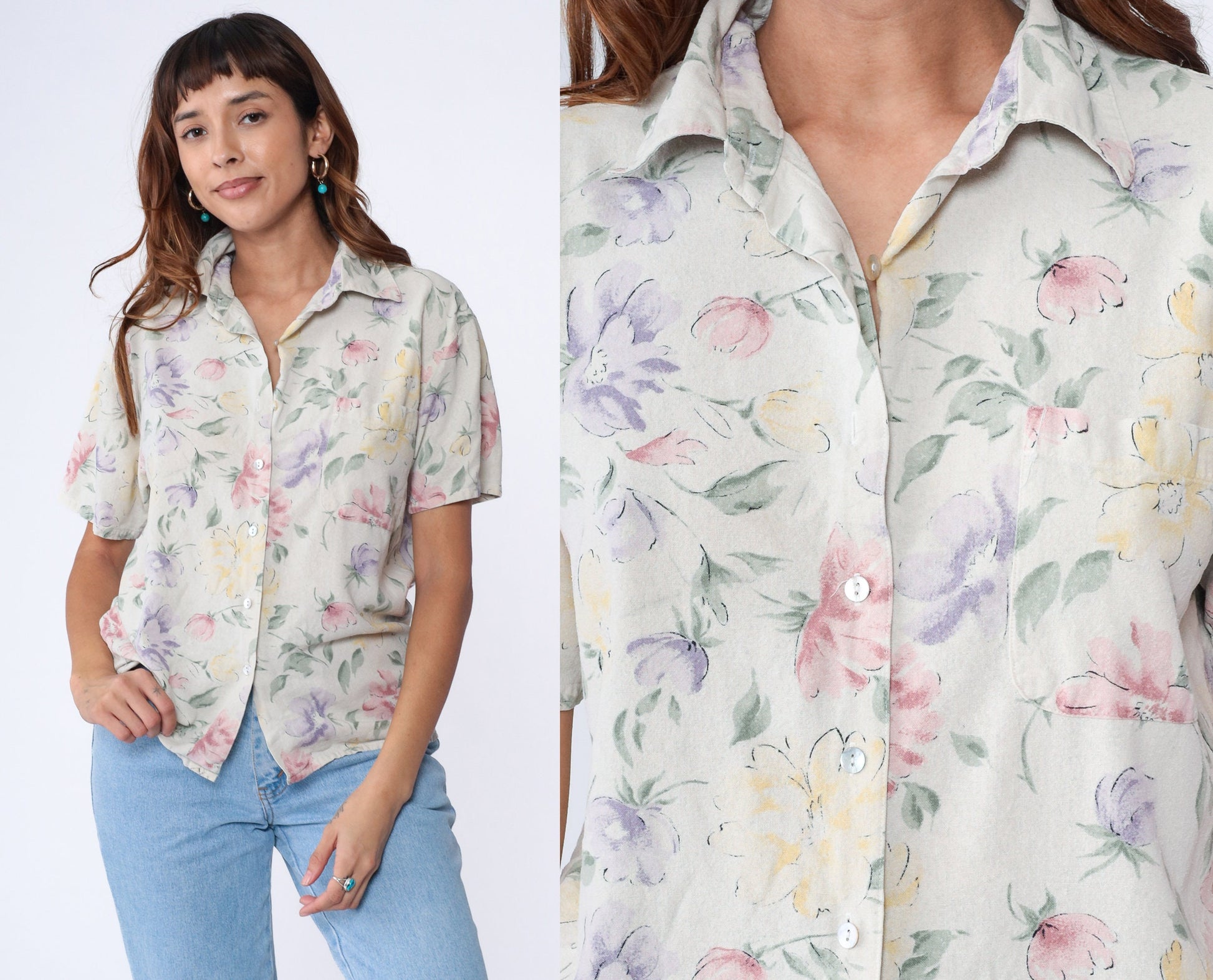 90s Selene Sport Silk Floral Button-Up Blouse Beige Short Sleeve Medium