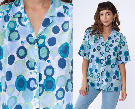 90s Donnkenny Geometric Watercolor Print Button-Up Blouse Blue Extra Large