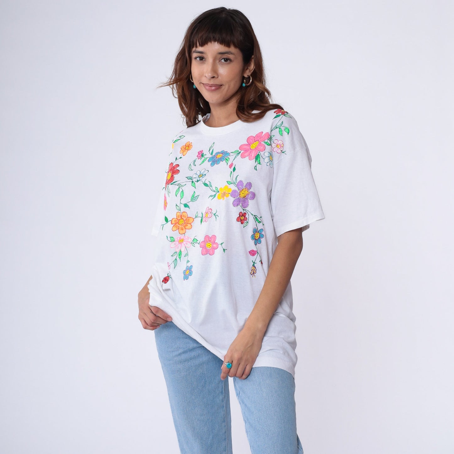 90s Fruit of the Loom Floral Hand Painted T-Shirt White Glitter Cotton Extra Large