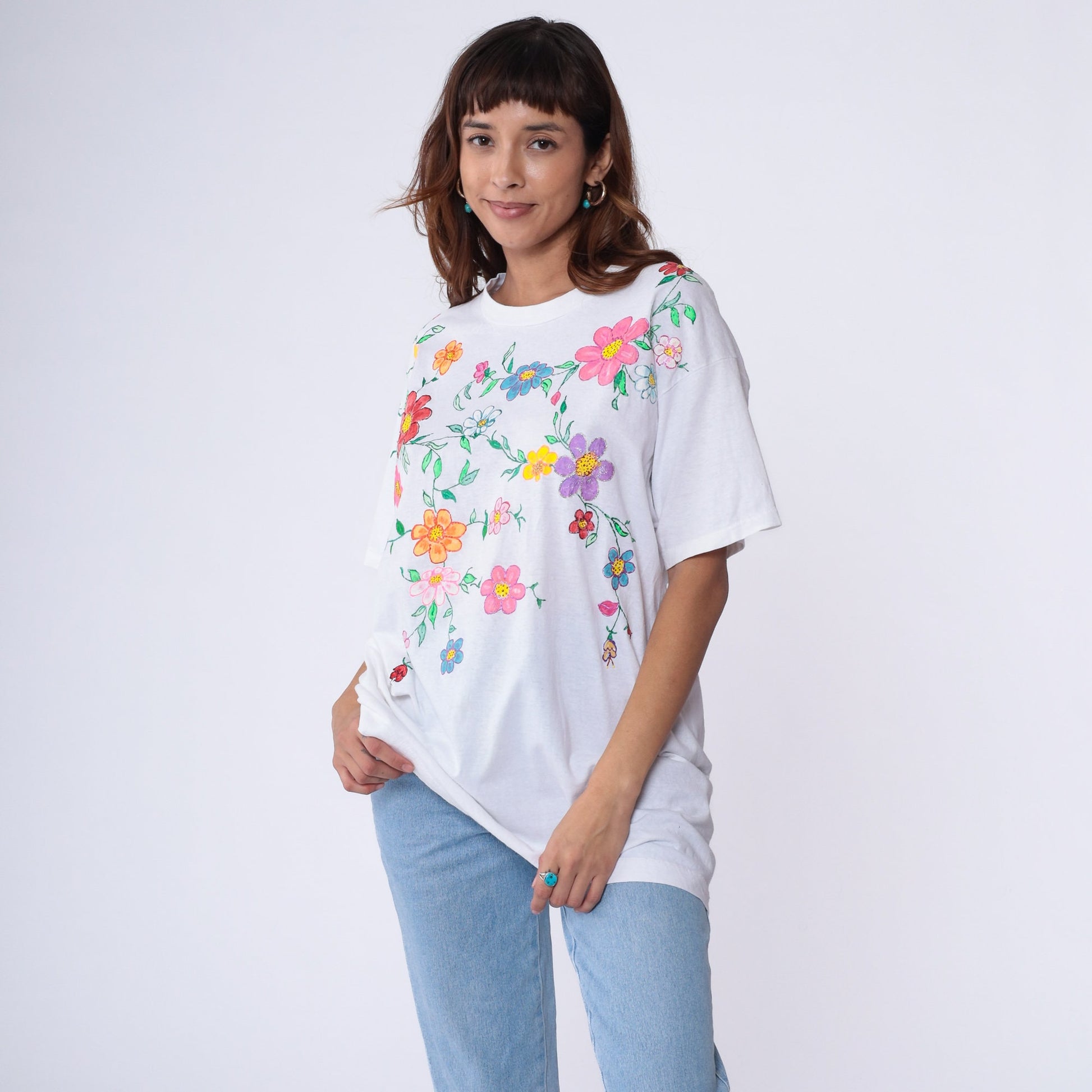 90s Fruit of the Loom Floral Hand Painted T-Shirt White Glitter Cotton Extra Large