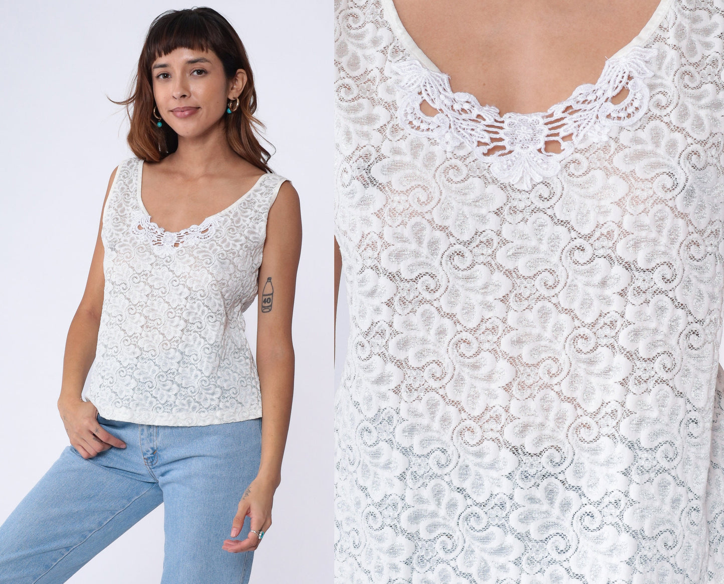 80s White Lace Camisole Sheer Floral Tank Top Large L