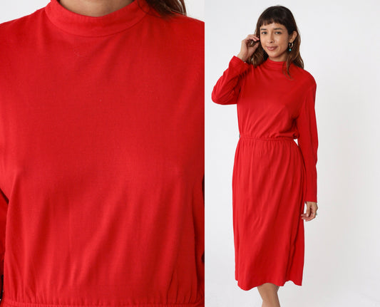 80s Red Mock Neck Midi Dress Long Sleeve Elastic Waist Medium