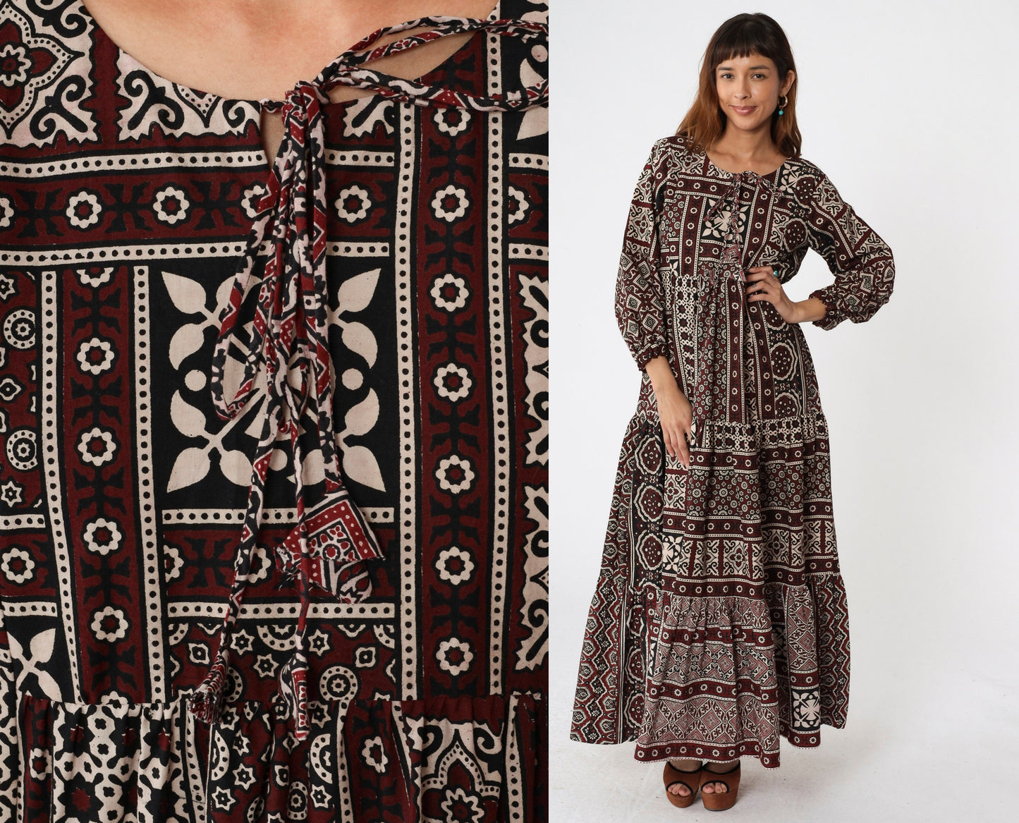80s Burgundy Geometric Print Maxi Dress Tiered Skirt Keyhole Tie Neck Medium