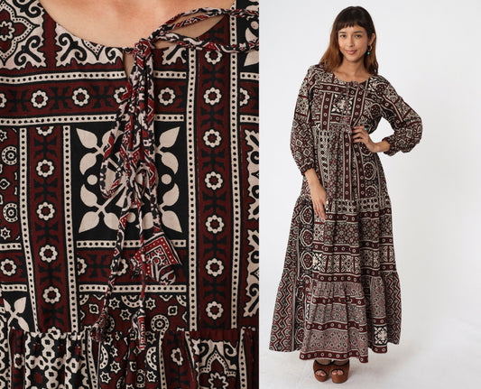 80s Burgundy Geometric Print Maxi Dress Tiered Skirt Keyhole Tie Neck Medium