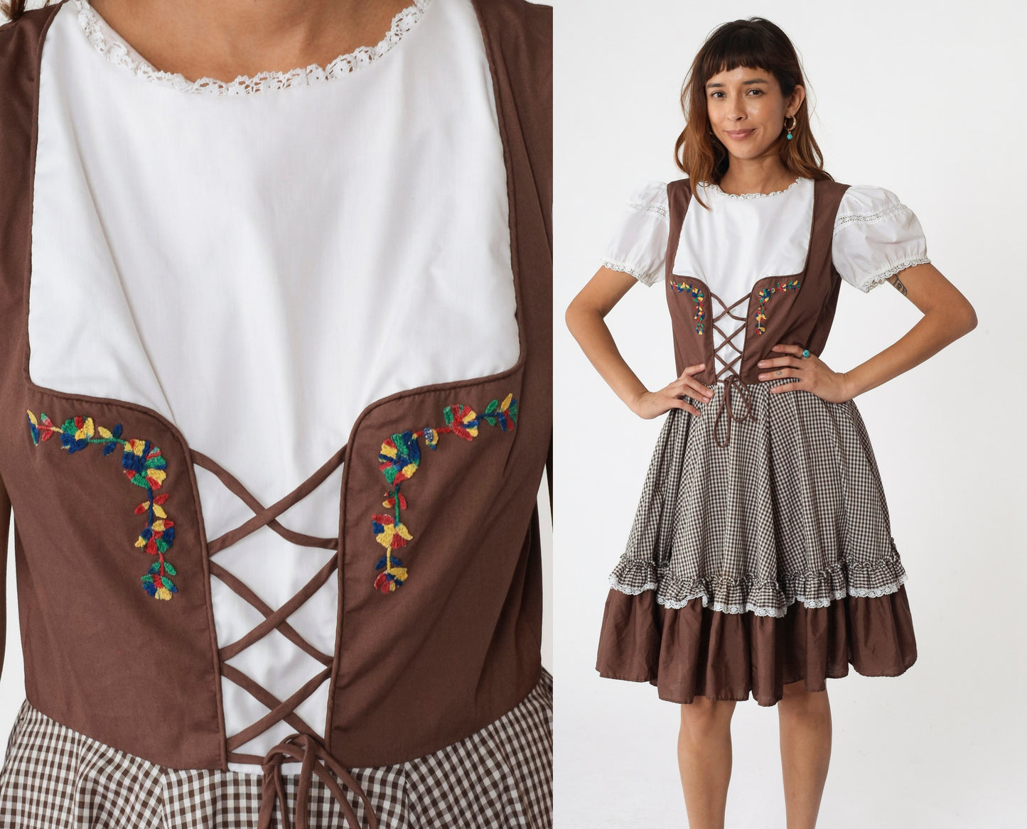 1960s Brown Gingham Midi Dress Puff Sleeve Lace-Up Corset Waist Large
