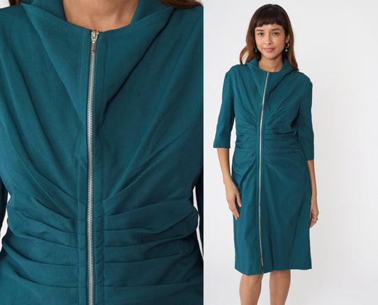 00s Joseph Ribkoff Teal Sheath Dress Front Zip Pleated 3/4 Sleeve Knee Length Large 14