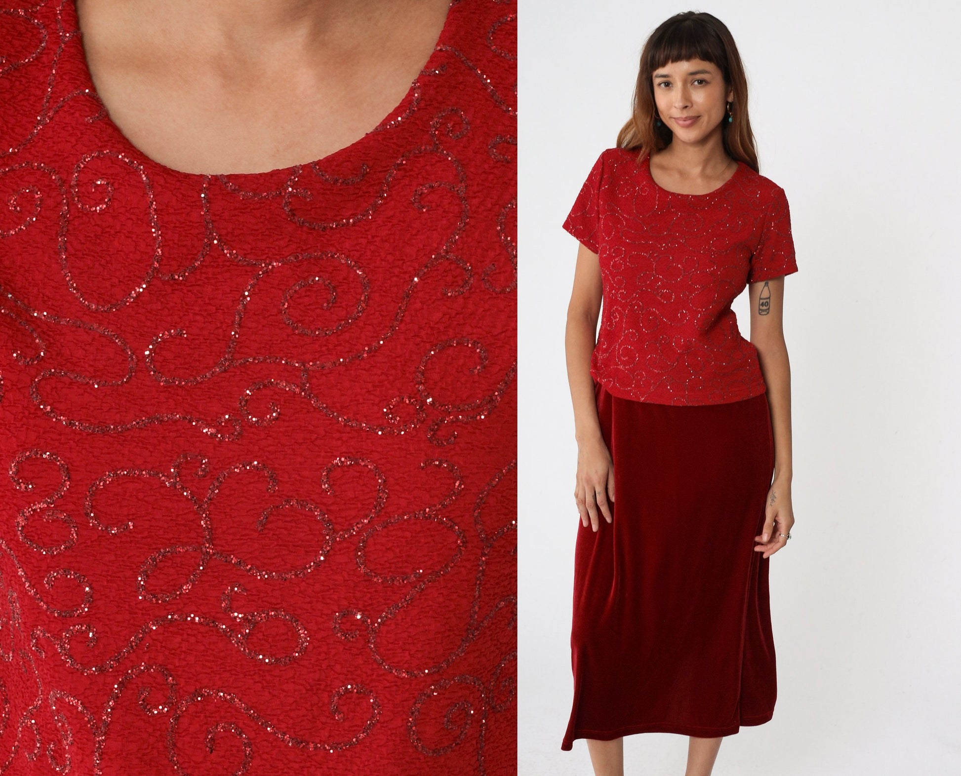 90s Kathie Lee Red Velvet Midi Dress Glitter Bodice Drop Waist Small