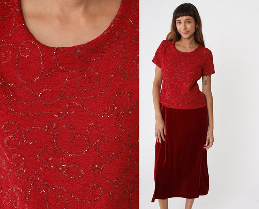 90s Kathie Lee Red Velvet Midi Dress Glitter Bodice Drop Waist Small