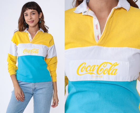 90s Coca-Cola Colour Block Polo Long Sleeve Graphic Tee White Blue Yellow Extra Small