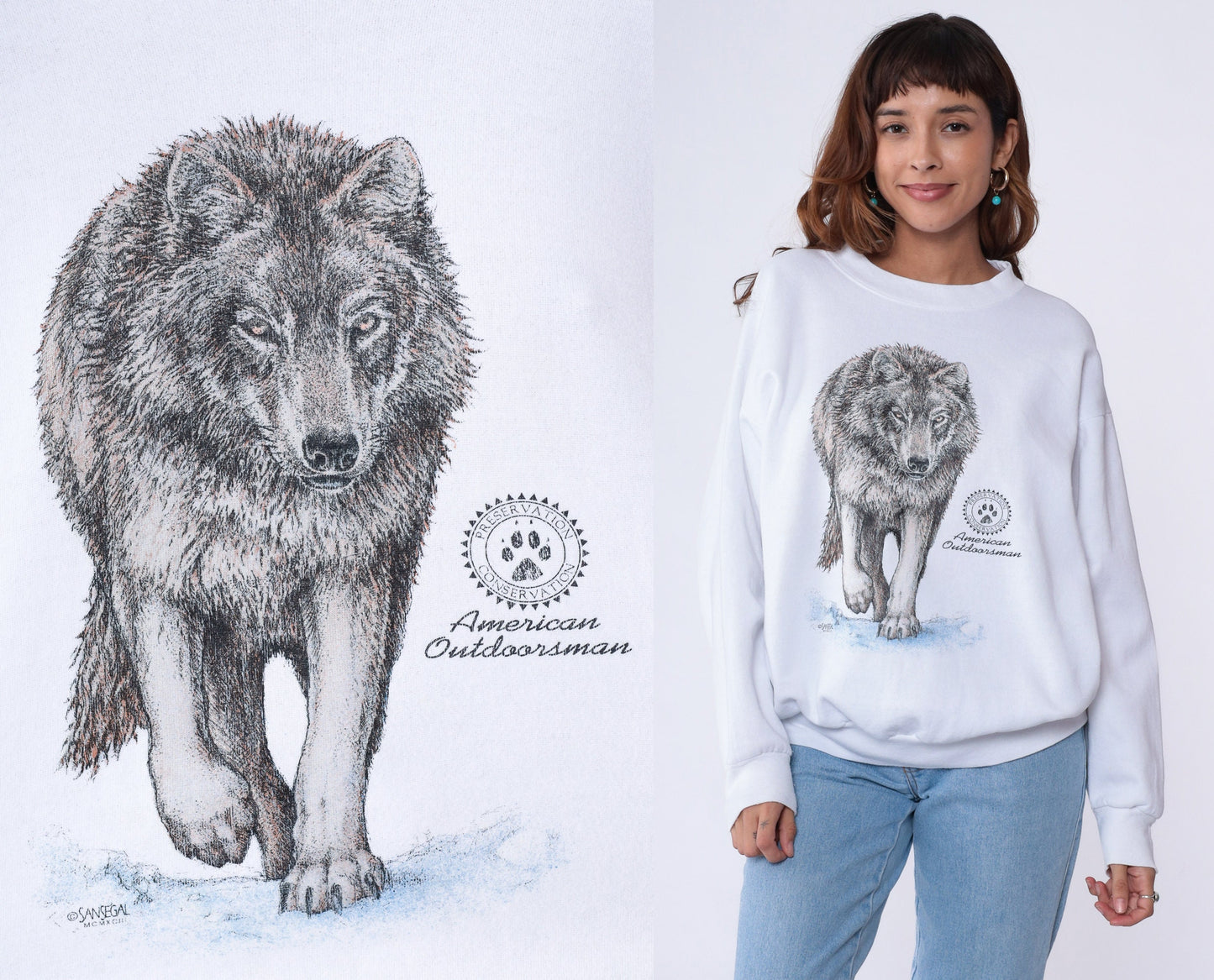 90s Wolf American Outdoorsman Graphic Sweatshirt White Crewneck Large