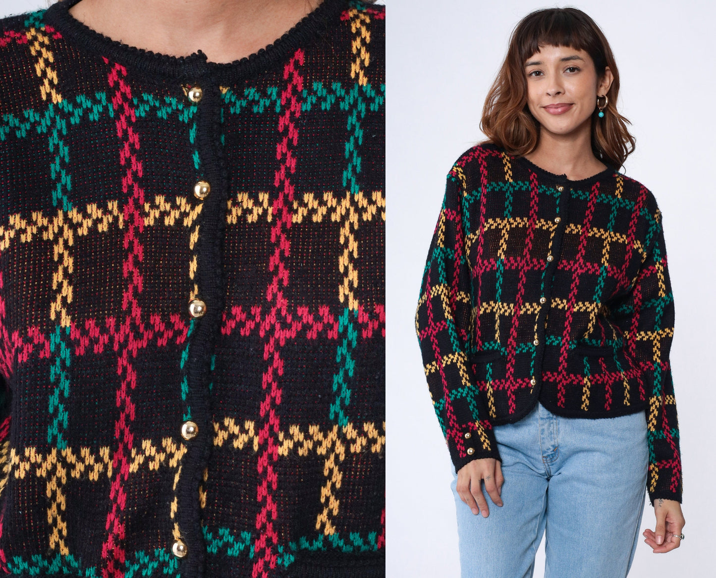 90s Checkered Cardigan Sweater Black Red Green Yellow Gold Button Small