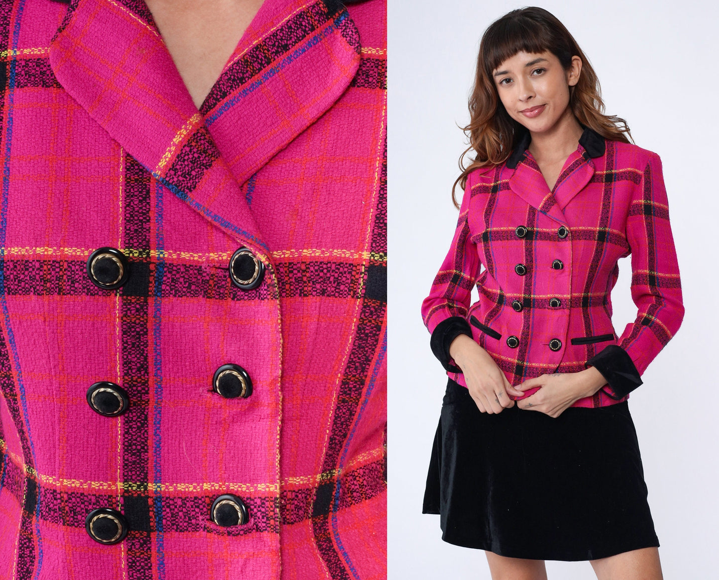 90s Hot Pink Checkered Blazer Tailored Button-Front Jacket Small