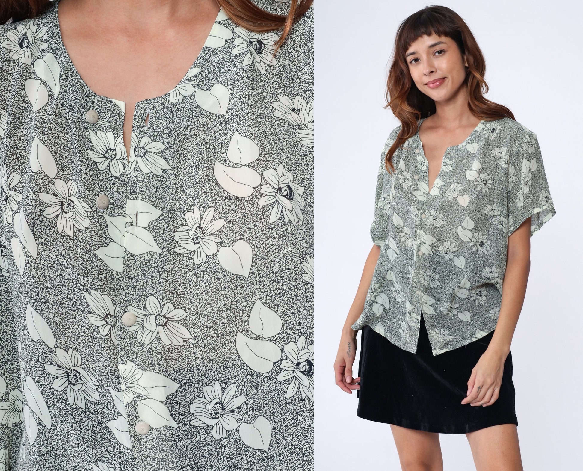 90s Floral Button-Up Blouse Black Yellow Flower Print Short Sleeve Medium