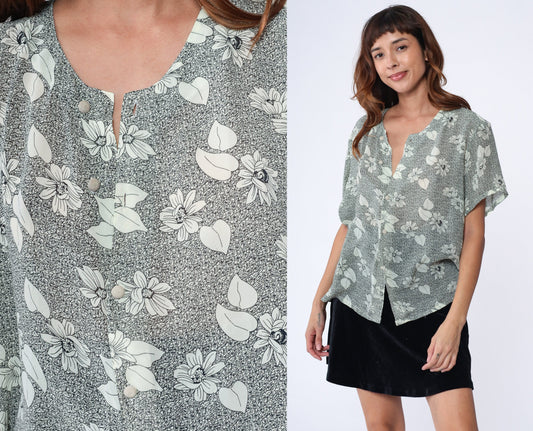 90s Floral Button-Up Blouse Black Yellow Flower Print Short Sleeve Medium