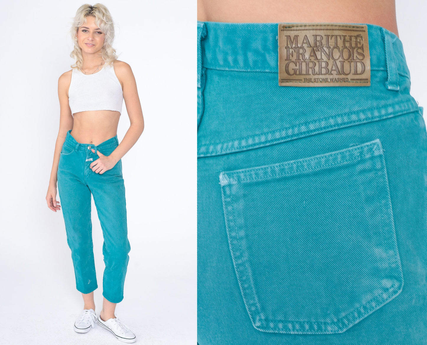 90s Girbaud Teal High-Waist Slim Tapered Ankle Jeans Extra Small XS