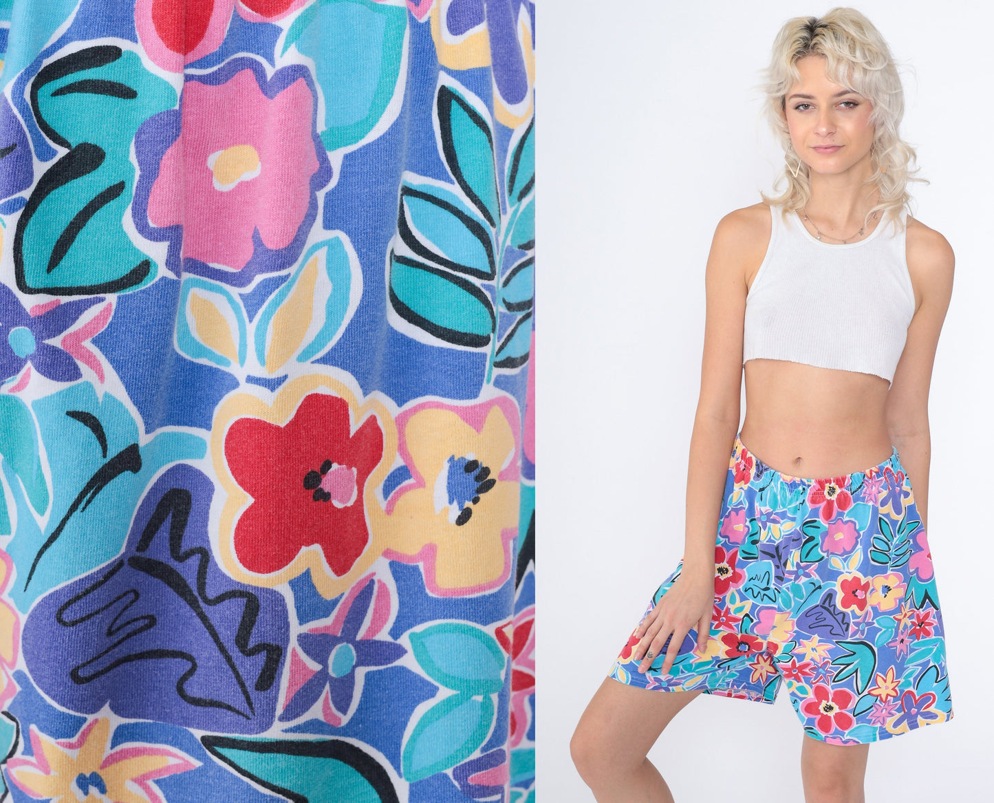 90s Tropical Floral High-Waist Wide-Leg Shorts Purple Blue Medium