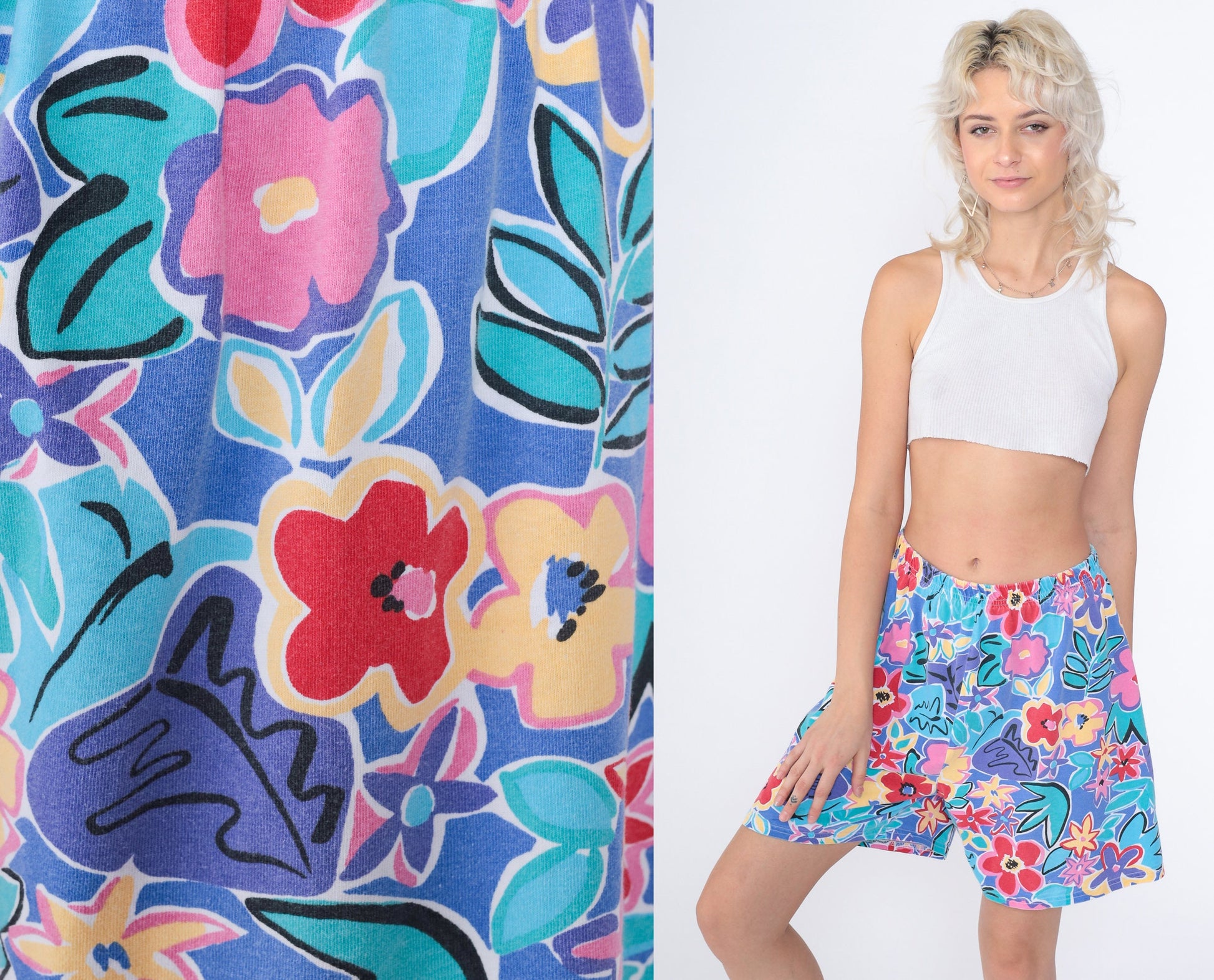 90s Tropical Floral High-Waist Wide-Leg Shorts Purple Blue Medium
