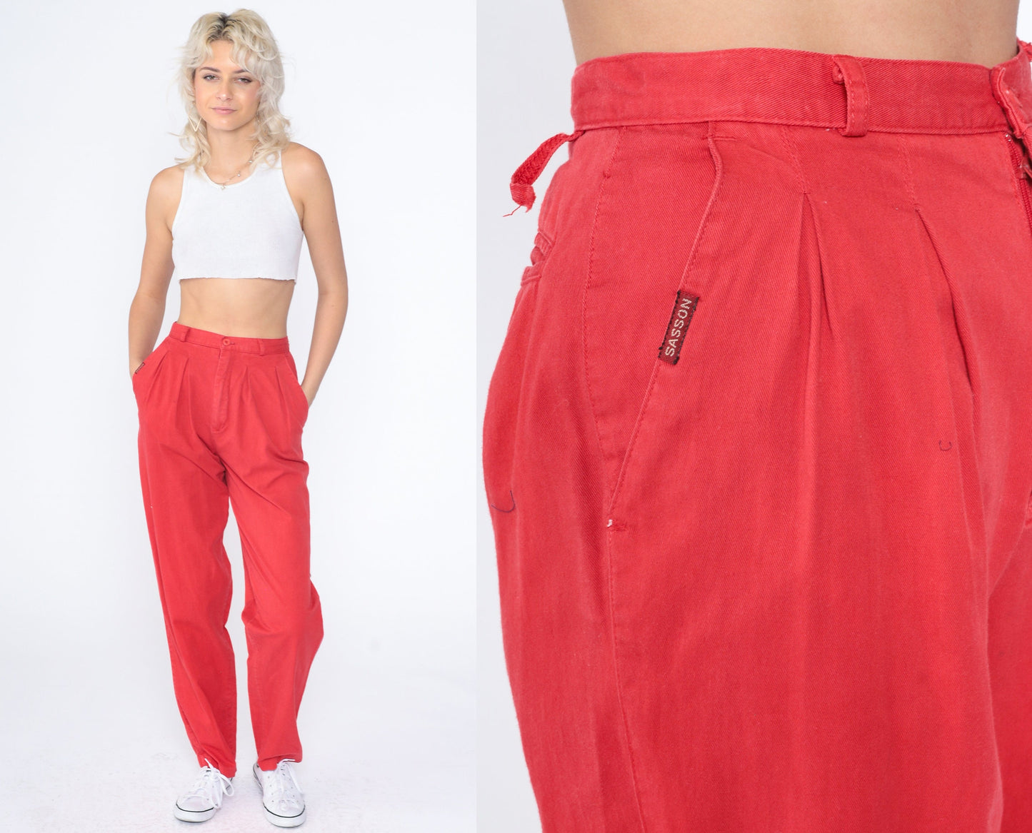 80s Sasson Red Cotton Pleated High-Waisted Tapered Trousers Extra Small