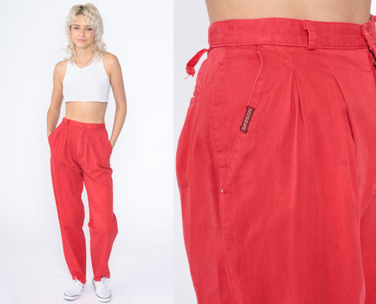 80s Sasson Red Cotton Pleated High-Waisted Tapered Trousers Extra Small