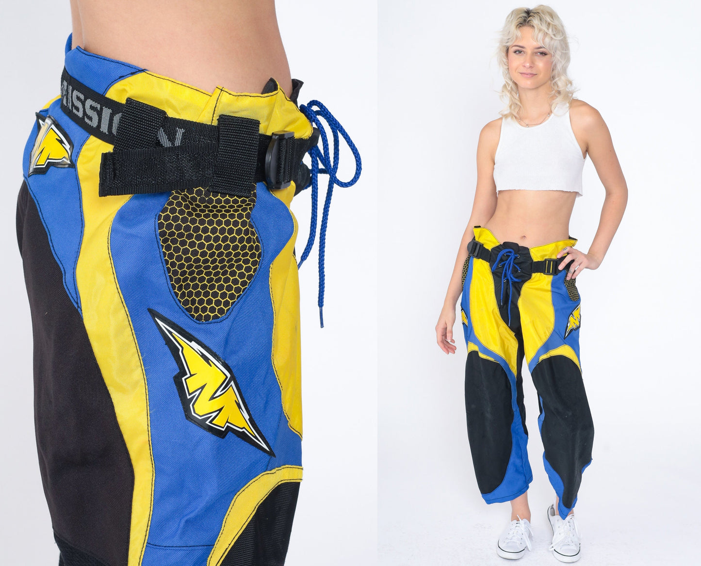 Y2K Mission Motocross Pants Yellow Blue Black Cropped Ankle Medium
