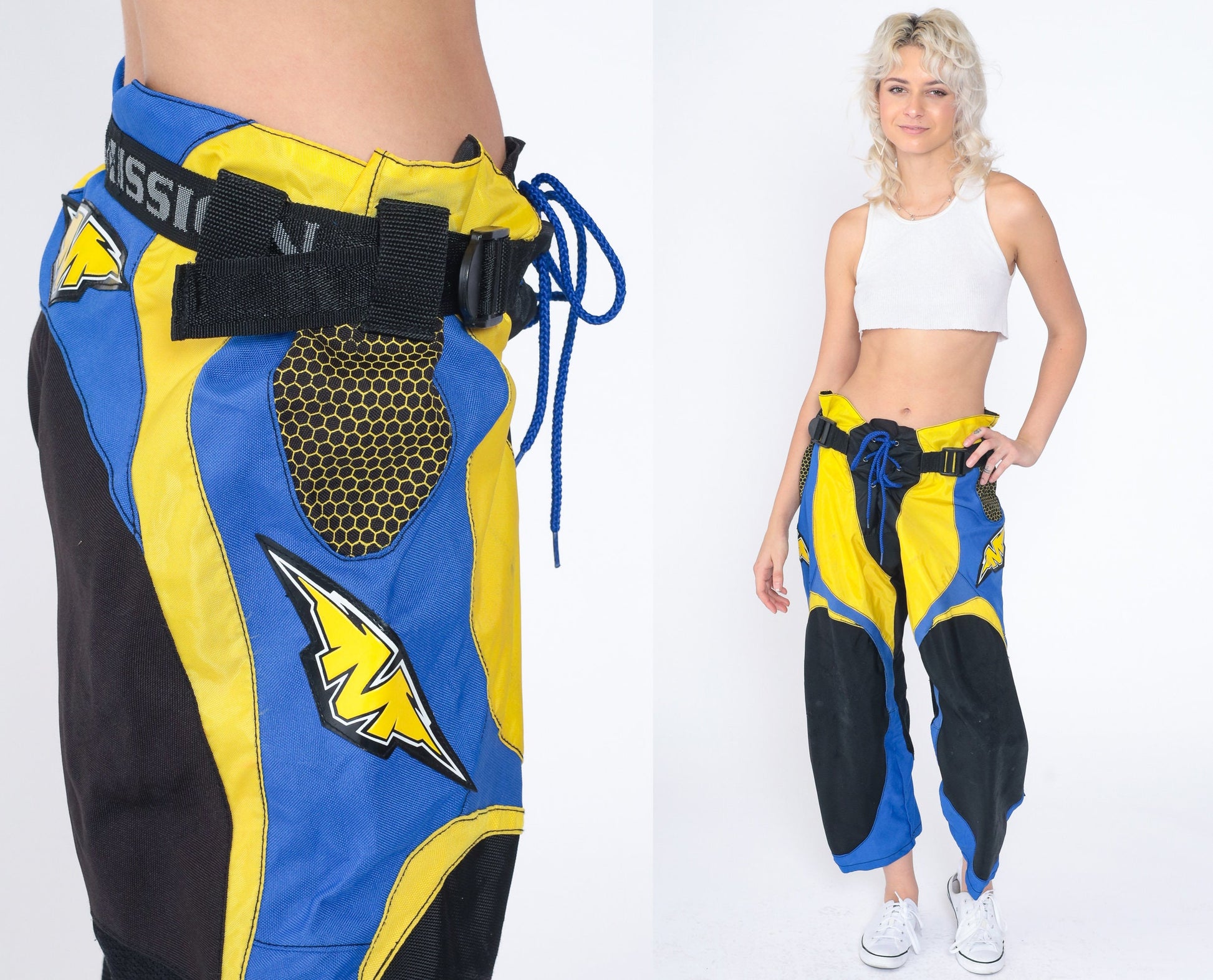Y2K Mission Motocross Pants Yellow Blue Black Cropped Ankle Medium