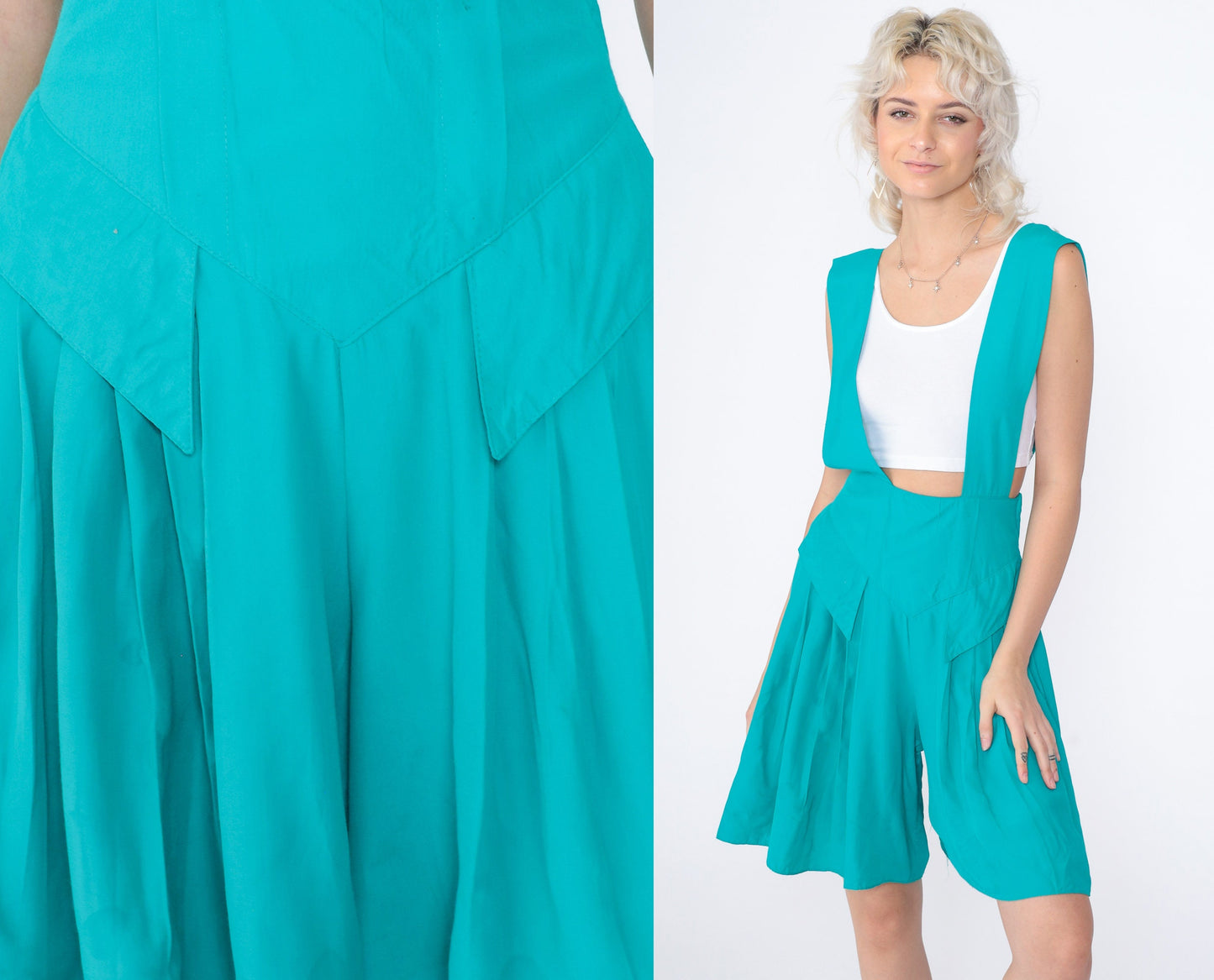 90s Turquoise Overall Shorts Pleated Suspender Straps Wide Leg Small S