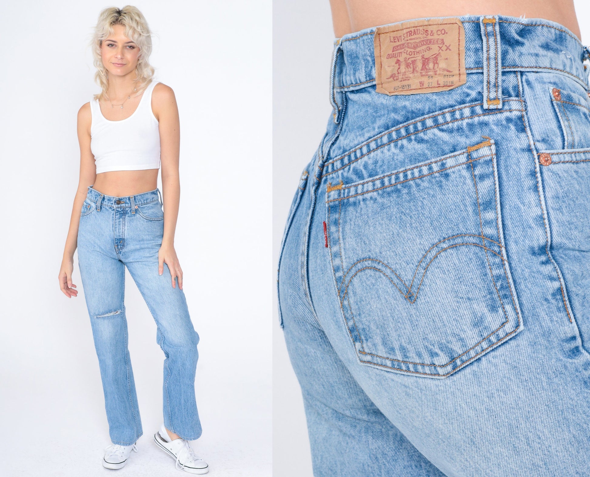 Levis 607 90s High Waist Bootcut Jeans Blue Denim Knee Rip Small