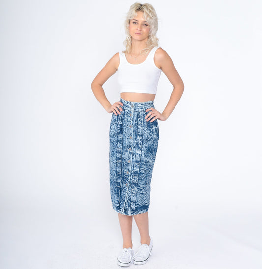 80s Acid Wash Denim Skirt High Waist Button Front Mini Blue XXS