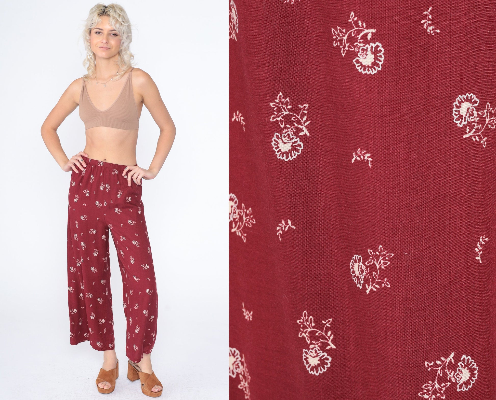 90s All That Jazz Red Floral High-Waist Cropped Pants Small S