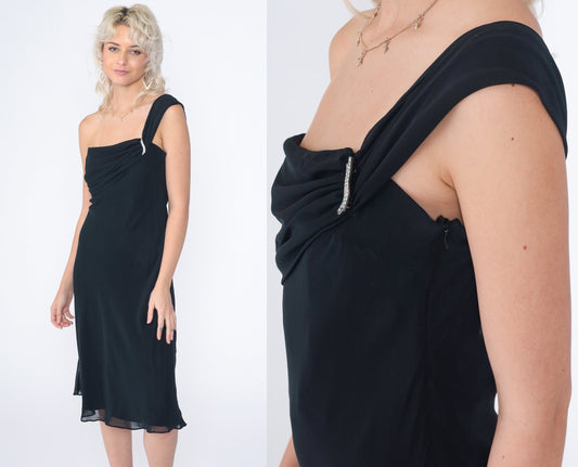 90s Black One-Shoulder Midi Dress Rhinestone Brooch Party Formal Extra Small
