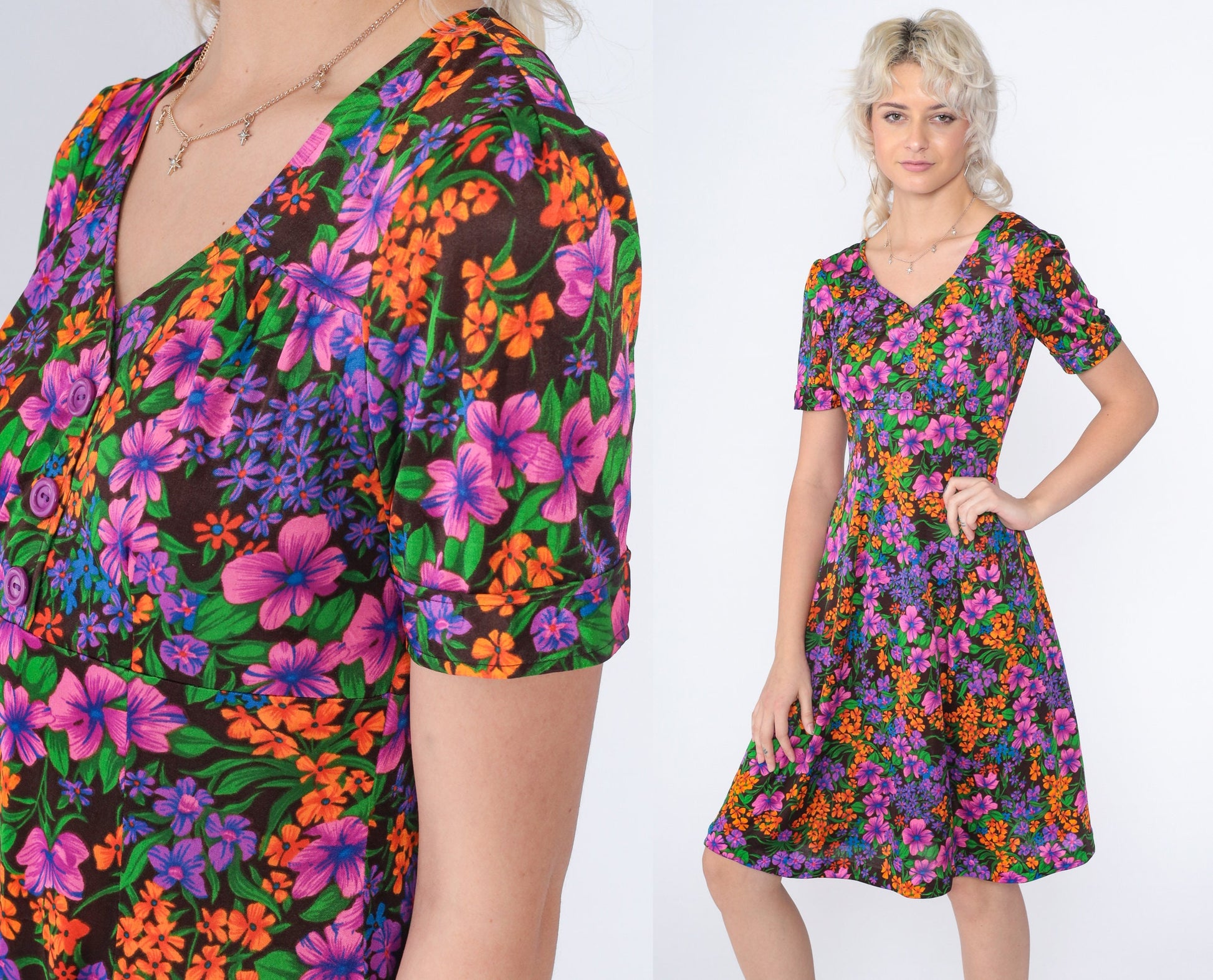 70s Floral Babydoll Mini Dress Empire Waist Button-Up Black Small S