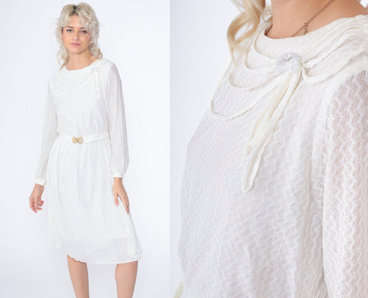 80s White Lace Midi Dress High Waisted Long Sleeve Gold Belt Small