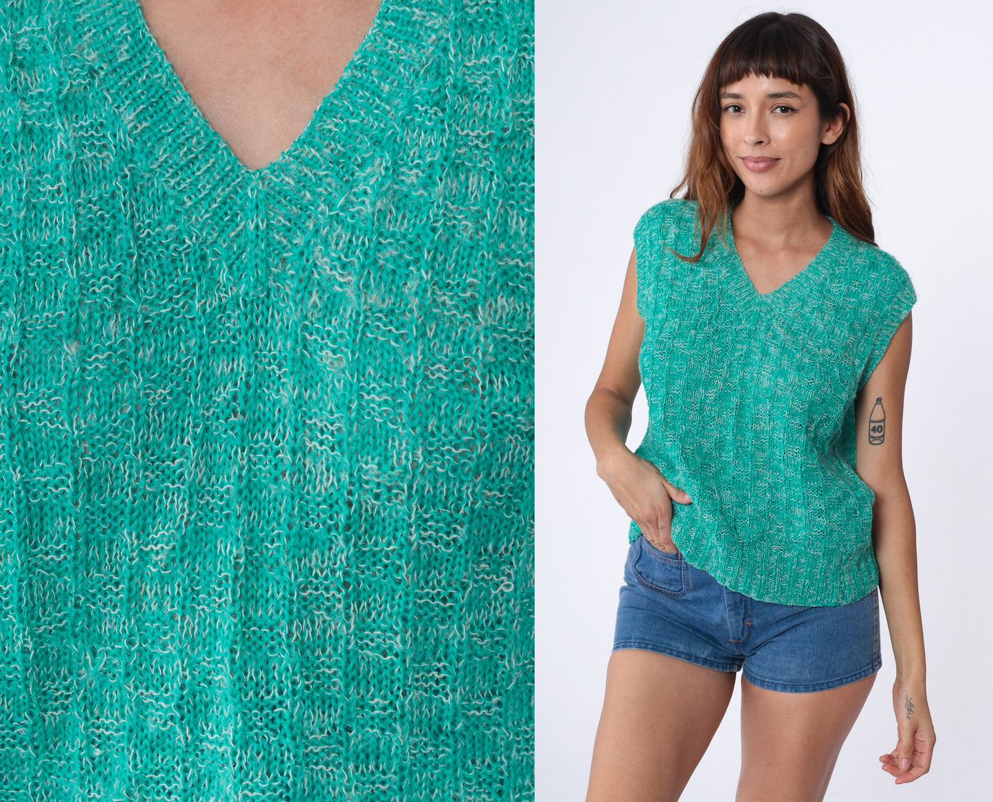 70s Green Knit Sweater Vest V Neck Sleeveless Pullover Large
