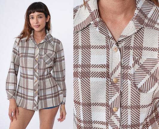 70s Checkered Brown Button-Up Shirt Dagger Collar Long Sleeve Blouse Medium Large