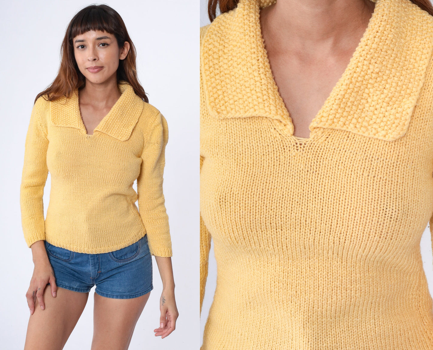 70s Yellow Knit Sweater V-Neck Nubby Collar Pullover Extra Small