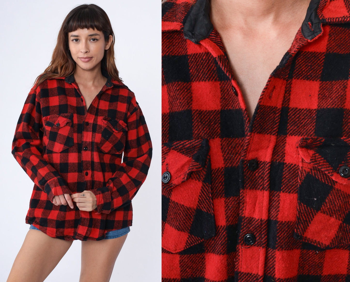 70s Buffalo Plaid Wool Shirt Red Black Lumberjack CPO Jacket Large L