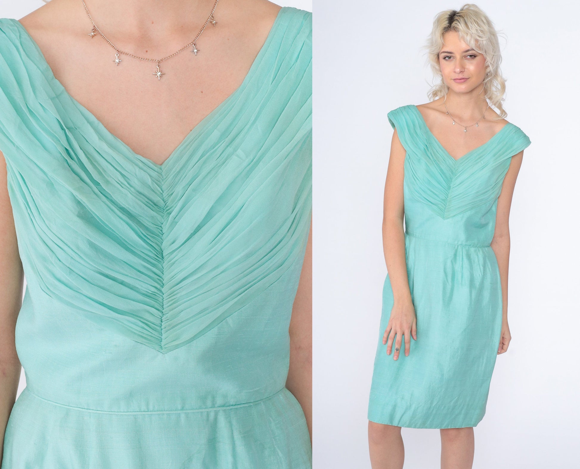 60s Mint Silk Dress Sleeveless Mini Pleated High Waist Sheath Small S