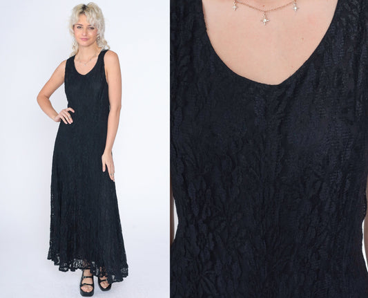 90s Black Lace Maxi Dress Sleeveless Criss Cross Large L